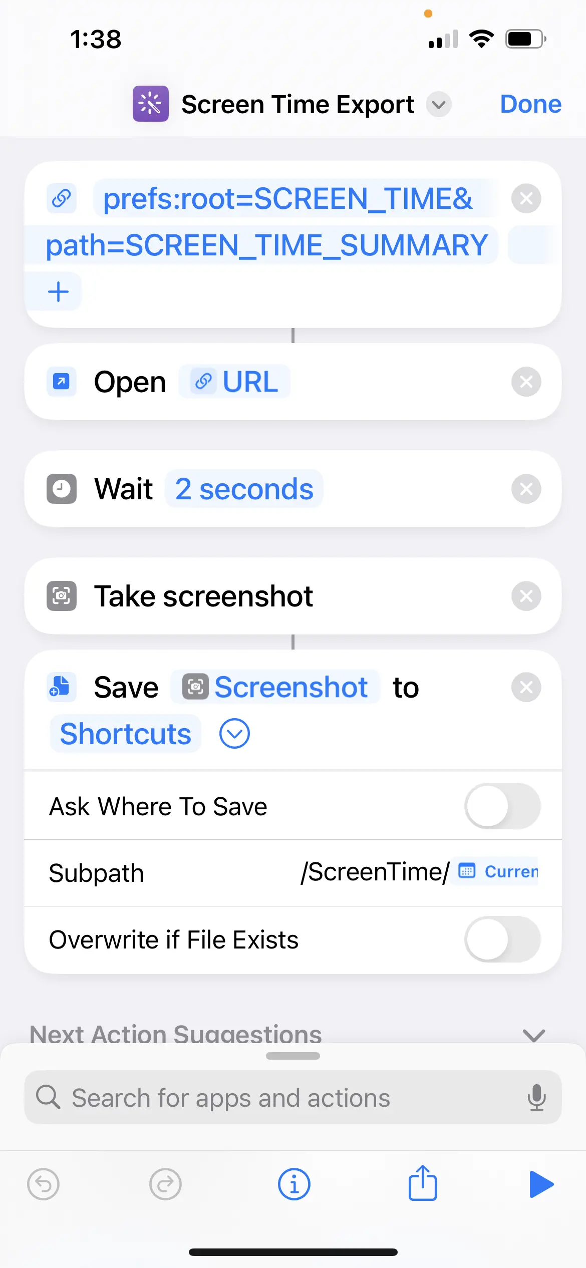 A picture of the shortcut script showing the code to navigate to the screen time settings url, taking a screen shot and storing it in an iCloud folder